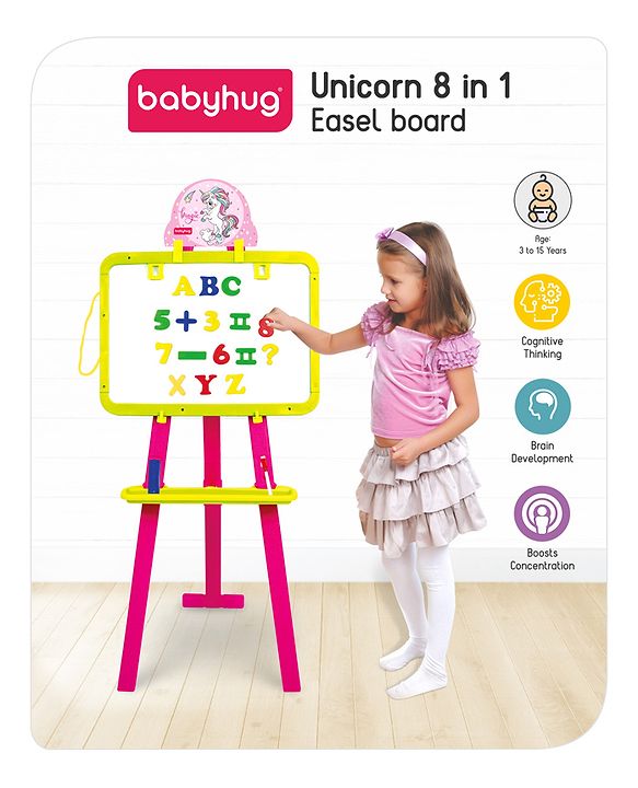 Babyhug 8-in-1 Adjustable Easel Board - Magnetic Whiteborad & Chalkboard with Alpha & Numeric | Hight Adjustable | Educational Toy | Enhances Learning & Creativity | Blue & Red |BIS Certified