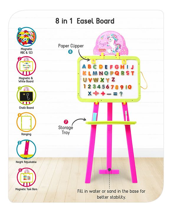 Babyhug 8-in-1 Adjustable Easel Board - Magnetic Whiteborad & Chalkboard with Alpha & Numeric | Hight Adjustable | Educational Toy | Enhances Learning & Creativity | Blue & Red |BIS Certified