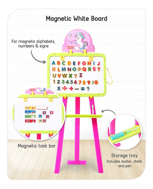 Babyhug 8-in-1 Adjustable Easel Board - Magnetic Whiteborad & Chalkboard with Alpha & Numeric | Hight Adjustable | Educational Toy | Enhances Learning & Creativity | Blue & Red |BIS Certified