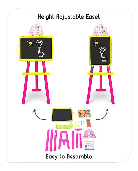 Babyhug 8-in-1 Adjustable Easel Board - Magnetic Whiteborad & Chalkboard with Alpha & Numeric | Hight Adjustable | Educational Toy | Enhances Learning & Creativity | Blue & Red |BIS Certified