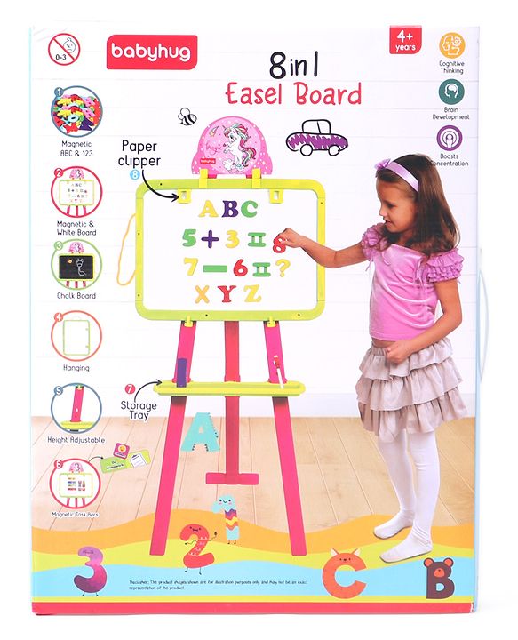 Babyhug 8-in-1 Adjustable Easel Board - Magnetic Whiteborad & Chalkboard with Alpha & Numeric | Hight Adjustable | Educational Toy | Enhances Learning & Creativity | Blue & Red |BIS Certified