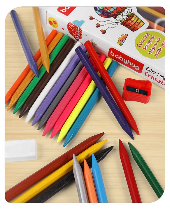 Babyhug Extra Long Erasable Crayons With Sharpener & Eraser - Pack of 24 | Long Crayon Design  That's Easy To Grip | Coloring & Drawing | Build Imaginative & Visual skills | BIS Certified