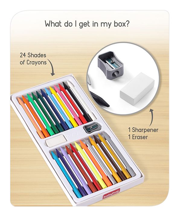 Babyhug Extra Long Erasable Crayons With Sharpener & Eraser - Pack of 24 | Long Crayon Design  That's Easy To Grip | Coloring & Drawing | Build Imaginative & Visual skills | BIS Certified
