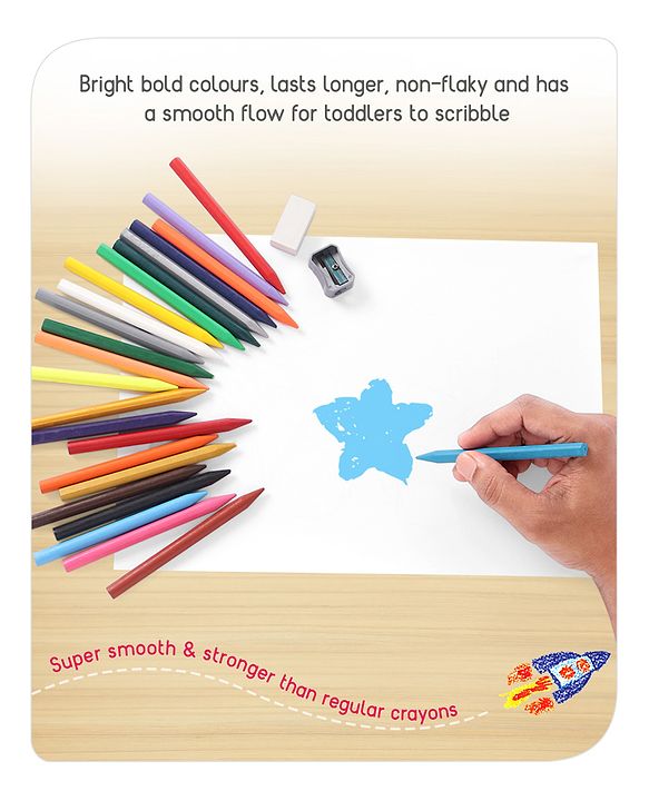 Babyhug Extra Long Erasable Crayons With Sharpener & Eraser - Pack of 24 | Long Crayon Design  That's Easy To Grip | Coloring & Drawing | Build Imaginative & Visual skills | BIS Certified