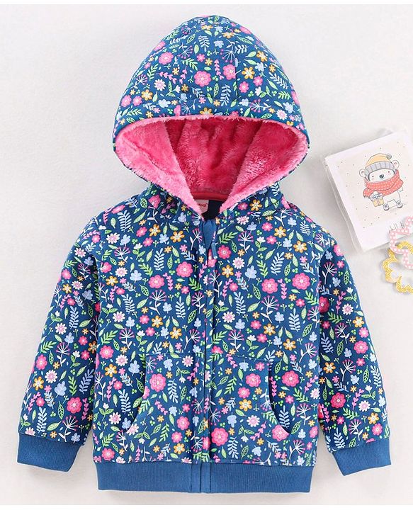 Babyhug Cotton Knit Full Sleeves Hooded Sweat Jacket Floral Print - Blue