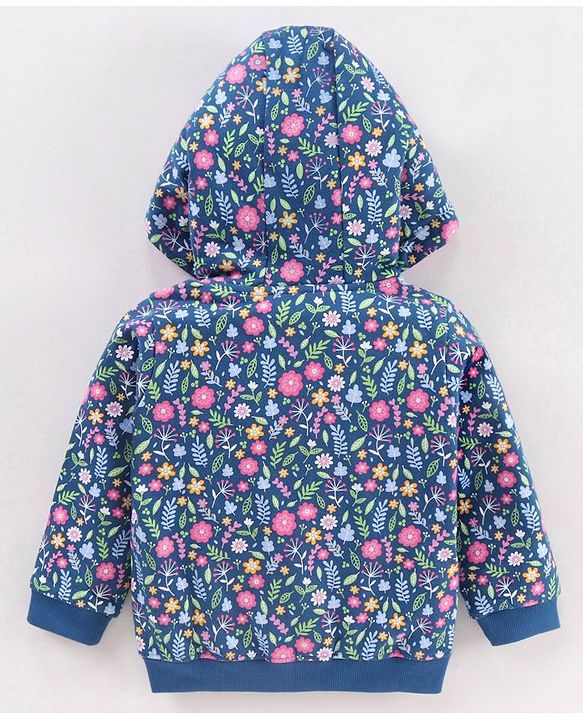 Babyhug Cotton Knit Full Sleeves Hooded Sweat Jacket Floral Print - Blue