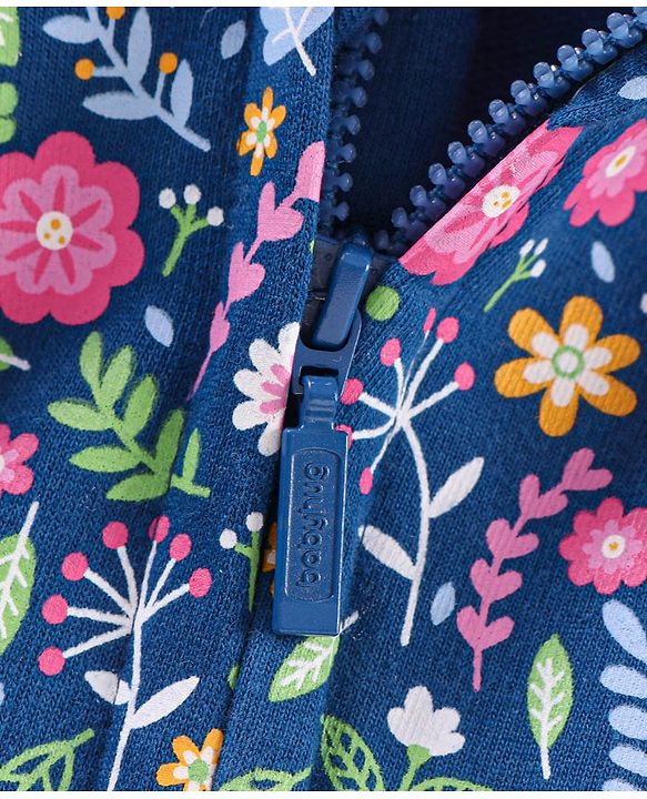 Babyhug Cotton Knit Full Sleeves Hooded Sweat Jacket Floral Print - Blue