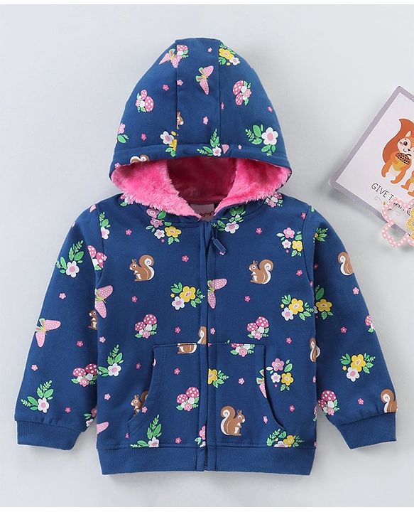 Babyhug Cotton Knit Full Sleeves Hooded Jacket Floral Print - Blue