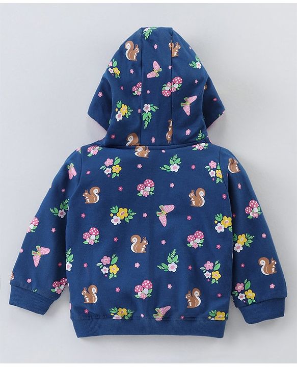 Babyhug Cotton Knit Full Sleeves Hooded Jacket Floral Print - Blue