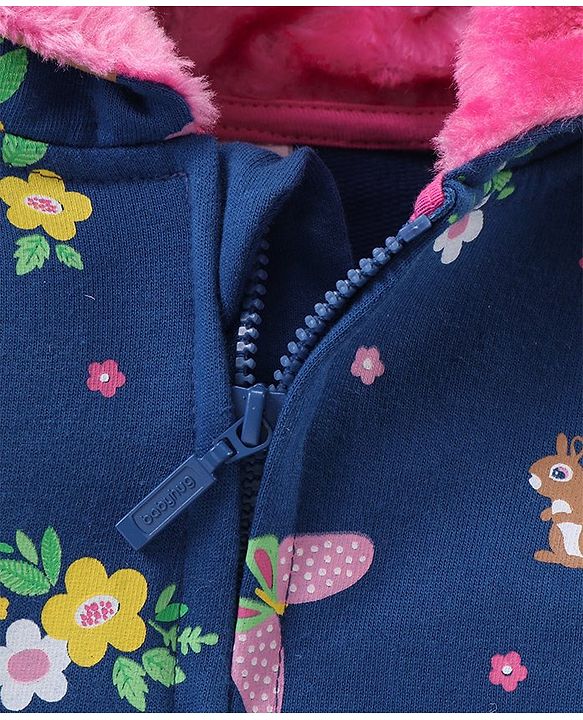 Babyhug Cotton Knit Full Sleeves Hooded Jacket Floral Print - Blue
