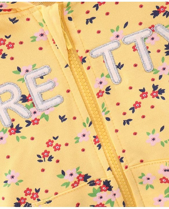 Babyhug Full Sleeves Hooded Sweat Jacket Floral Print & Applique - Yellow