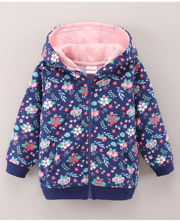 Babyhug Full Sleeves Hooded Jacket Floral Print - Navy