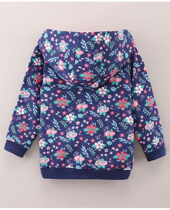 Babyhug Full Sleeves Hooded Jacket Floral Print - Navy