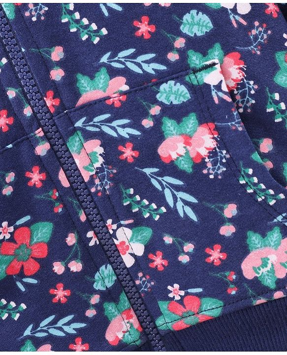 Babyhug Full Sleeves Hooded Jacket Floral Print - Navy