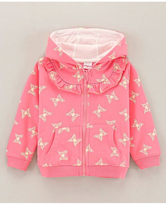 Babyhug Full Sleeves Cotton Knit Hooded Jacket Butterfly Print - Peach