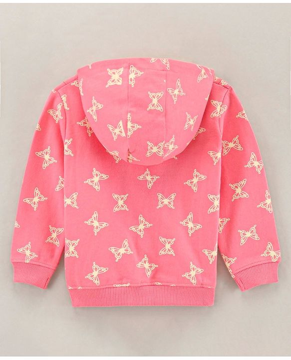 Babyhug Full Sleeves Cotton Knit Hooded Jacket Butterfly Print - Peach