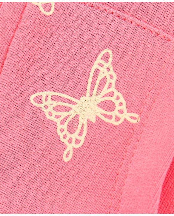 Babyhug Full Sleeves Cotton Knit Hooded Jacket Butterfly Print - Peach
