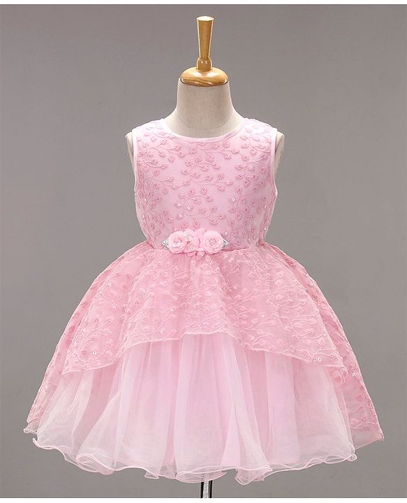 Babyhug Woven Sleeveless Asymmetrical Party Frock Floral Embroidered - Pink