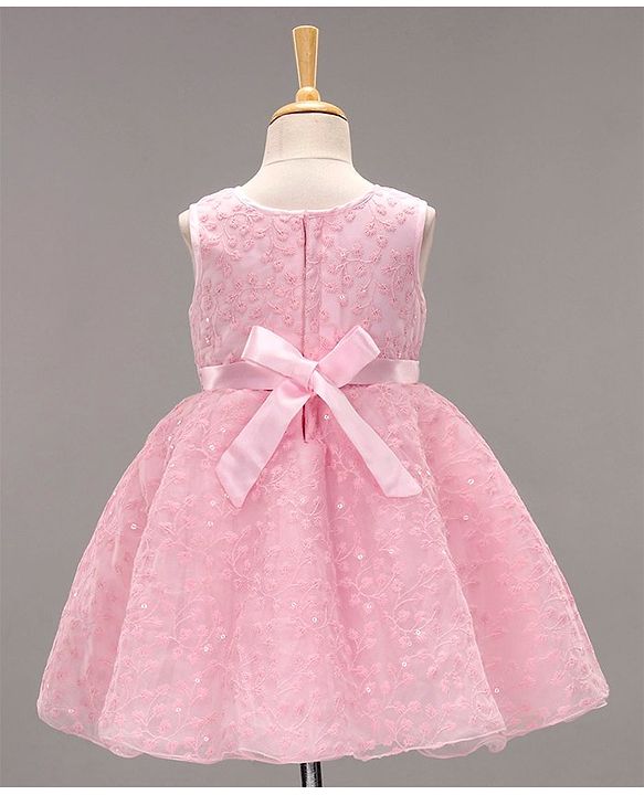 Babyhug Woven Sleeveless Asymmetrical Party Frock Floral Embroidered - Pink