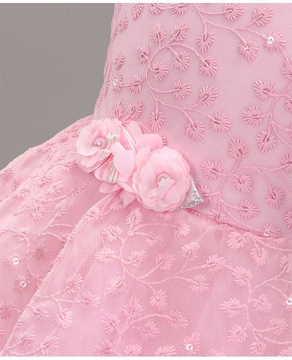 Babyhug Woven Sleeveless Asymmetrical Party Frock Floral Embroidered - Pink