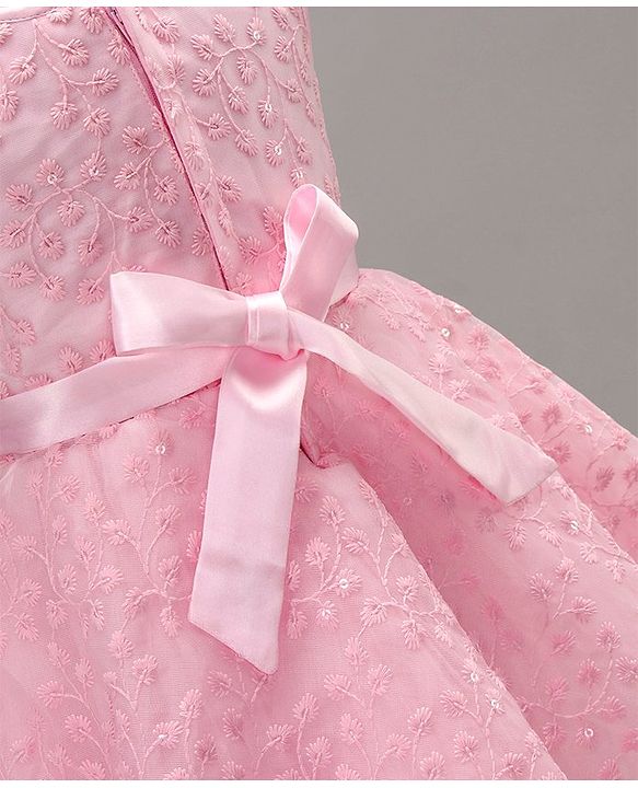 Babyhug Woven Sleeveless Asymmetrical Party Frock Floral Embroidered - Pink