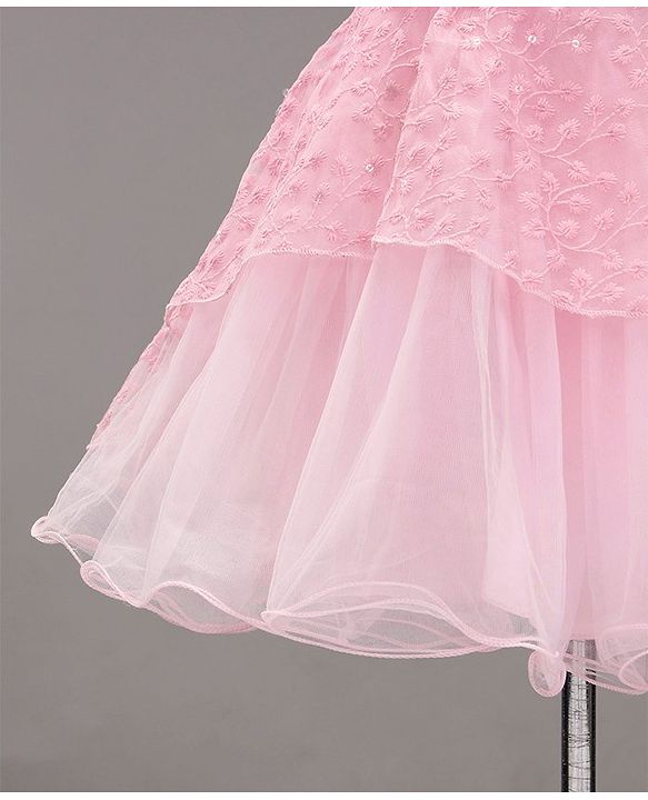 Babyhug Woven Sleeveless Asymmetrical Party Frock Floral Embroidered - Pink