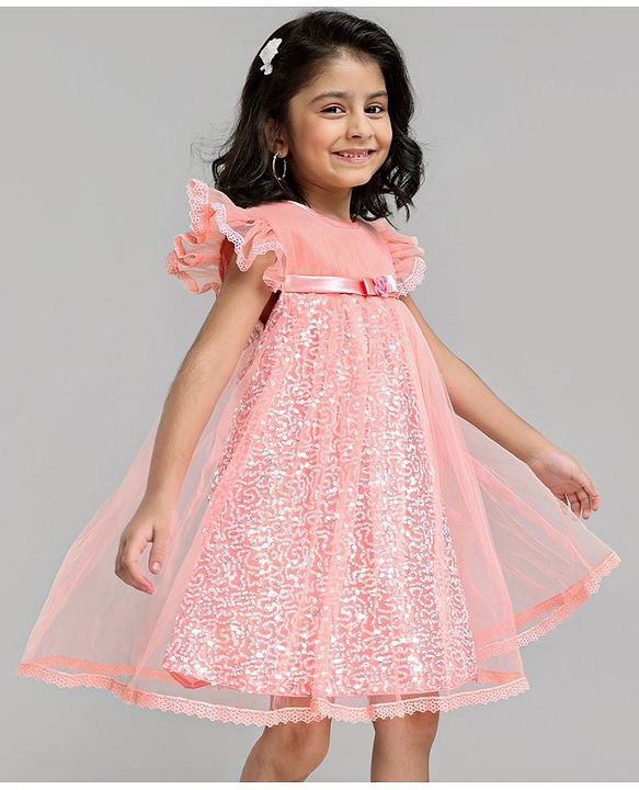 Babyhug Flutter Sleeves Party Wear Sequined Frock - Peach
