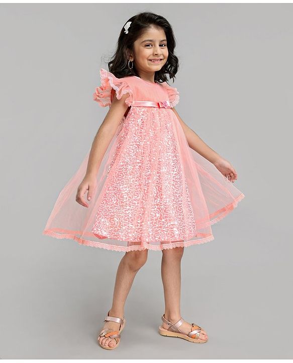 Babyhug Flutter Sleeves Party Wear Sequined Frock - Peach