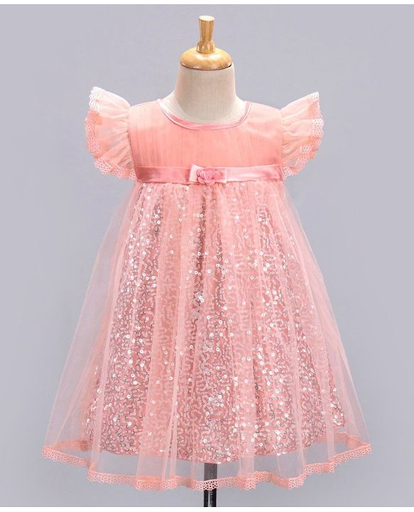Babyhug Flutter Sleeves Party Wear Sequined Frock - Peach
