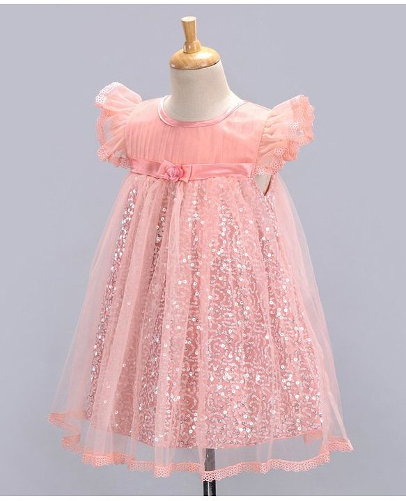 Babyhug Flutter Sleeves Party Wear Sequined Frock - Peach