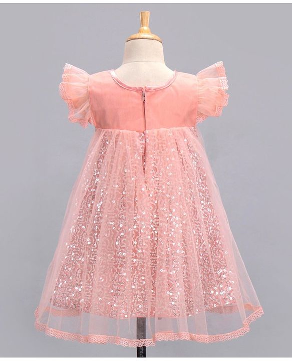 Babyhug Flutter Sleeves Party Wear Sequined Frock - Peach