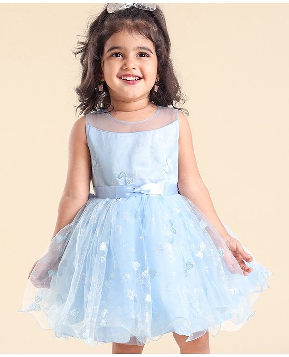 Babyhug Sleeveless Sequin Party Frock With Bow - Frozen Blue