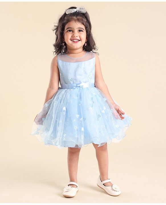 Babyhug Sleeveless Sequin Party Frock With Bow - Frozen Blue