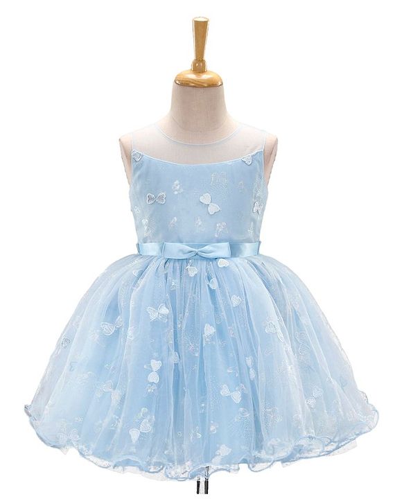 Babyhug Sleeveless Sequin Party Frock With Bow - Frozen Blue