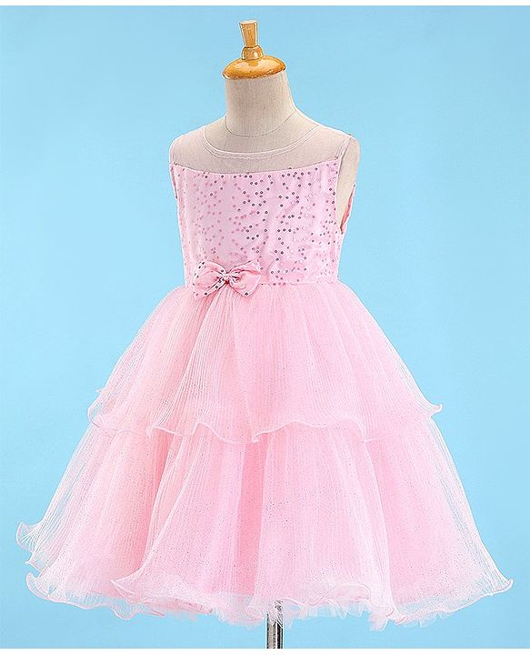 Babyhug Sleeveless Sequinned Party Wear Layered Frock Bow Applique- Pink
