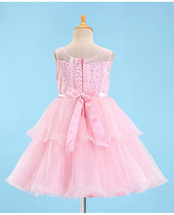 Babyhug Sleeveless Sequinned Party Wear Layered Frock Bow Applique- Pink