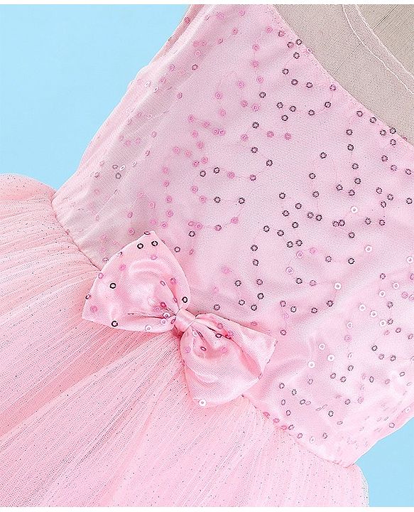 Babyhug Sleeveless Sequinned Party Wear Layered Frock Bow Applique- Pink