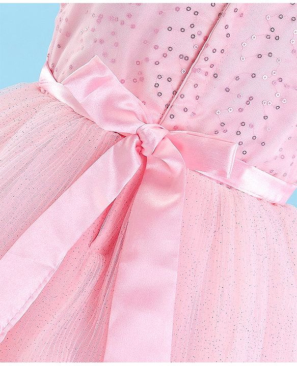 Babyhug Sleeveless Sequinned Party Wear Layered Frock Bow Applique- Pink