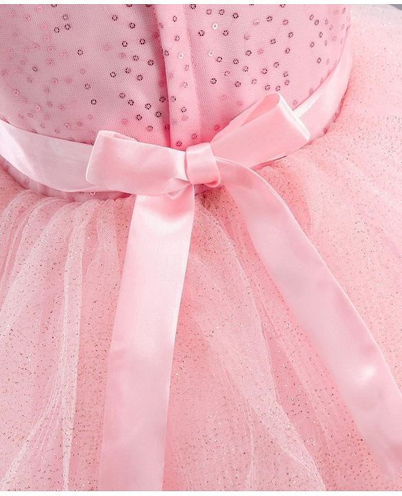 Babyhug Sleeveless Sequinned Party Wear Layered Frock Bow Applique- Pink