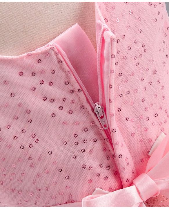 Babyhug Sleeveless Sequinned Party Wear Layered Frock Bow Applique- Pink