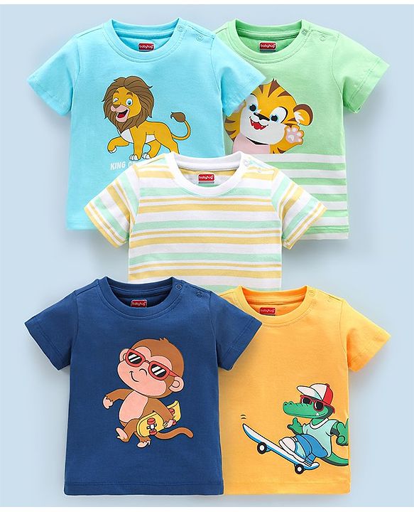 Babyhug Cotton Half Sleeves T-Shirts Wild Animal Print Pack of 5 - Blue & Orange