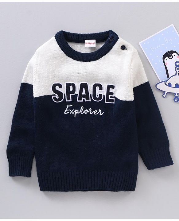 Babyhug Full Sleeves Knit Pullover Text Embroidery - Navy Blue White