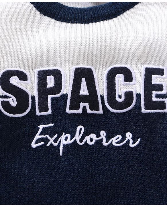 Babyhug Full Sleeves Knit Pullover Text Embroidery - Navy Blue White