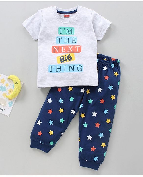 Babyhug Cotton Half Sleeves Night Suit Text & Stars Print- White & Blue