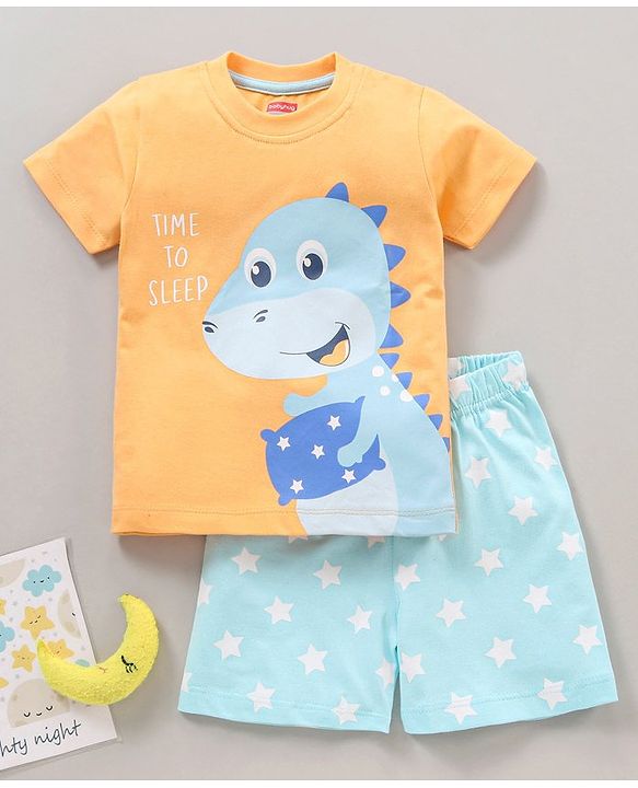 Babyhug Cotton Half Sleeves Shorts Set Dino Print - Orange Blue