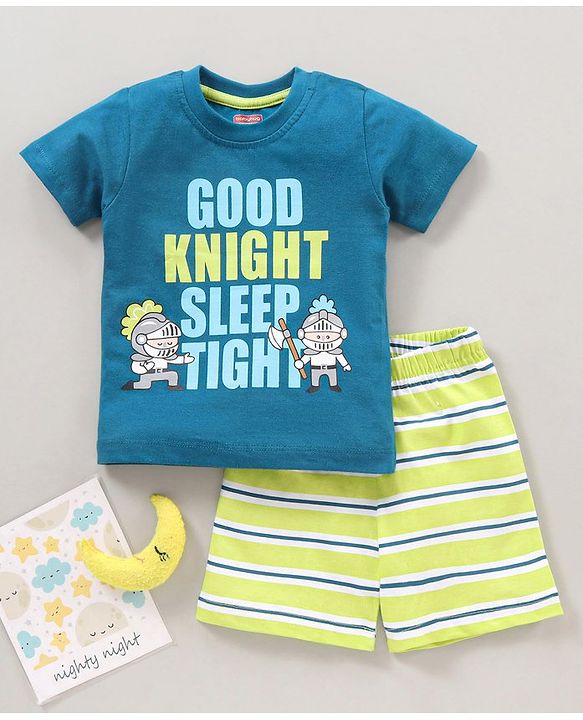 Babyhug Cotton Half Sleeves Shorts Set Placement Print - Blue Green