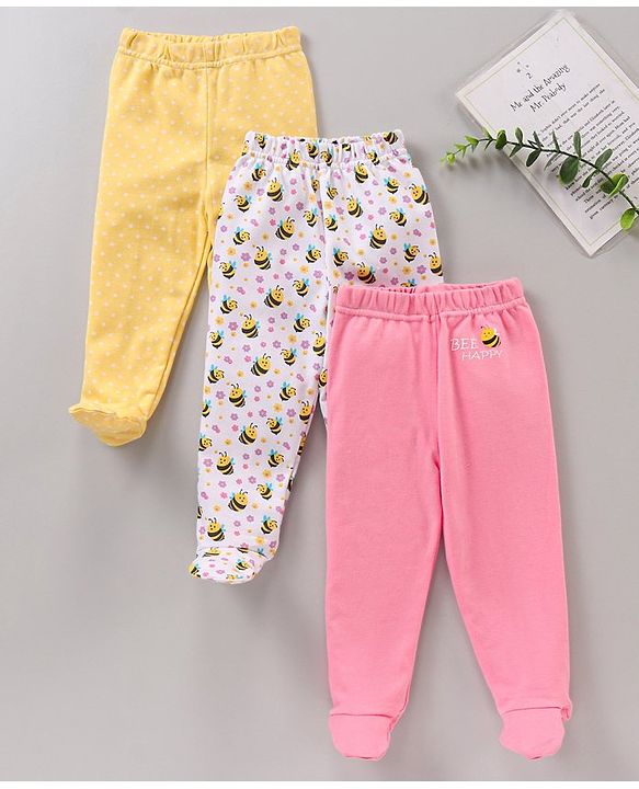 Babyhug Cotton Full Length Booties Leggings Printed Pack of 3 - Pink Yellow & White
