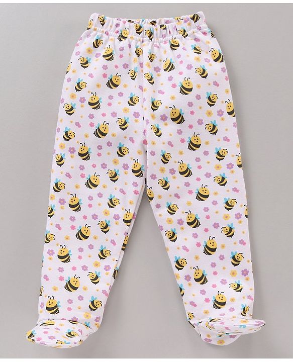 Babyhug Cotton Full Length Booties Leggings Printed Pack of 3 - Pink Yellow & White