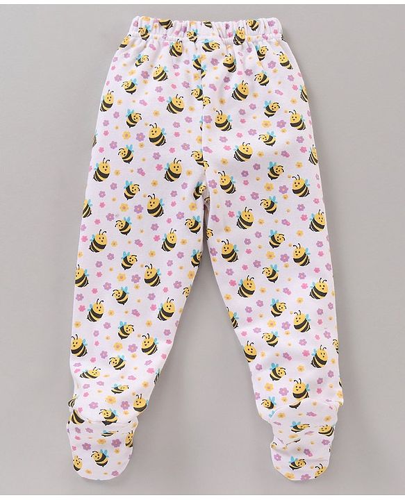 Babyhug Cotton Full Length Booties Leggings Printed Pack of 3 - Pink Yellow & White