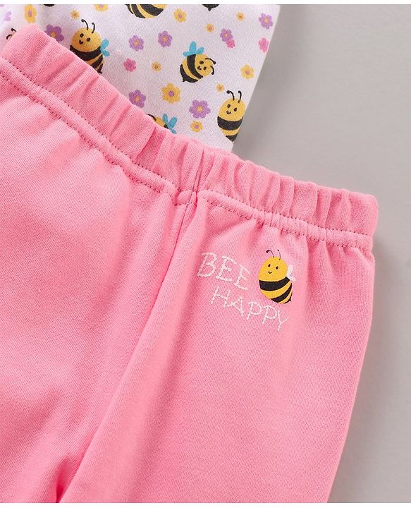 Babyhug Cotton Full Length Booties Leggings Printed Pack of 3 - Pink Yellow & White